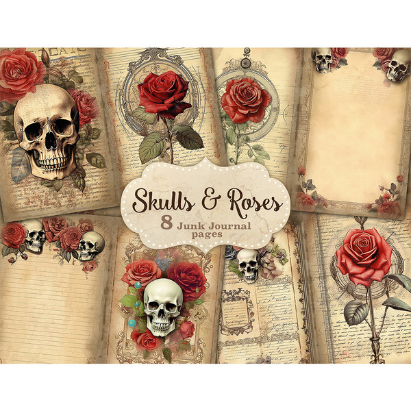 Junk Journal page vintage set with watercolor skulls and red roses on old vintage paper background with bordered borders and handwritten text