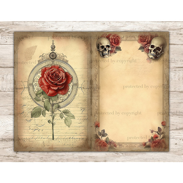 Watercolor skulls with red roses and green leaves and a red rose in a beautiful round vintage frame Junk Journal Pages on the background of old vintage paper wi