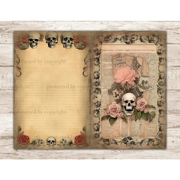 Watercolor skulls with red roses and green leaves and a skull with pink roses in a beautiful vintage frame Junk Journal Pages on the background of old vintage p