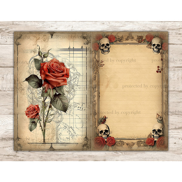Watercolor skulls with red roses and leaves with an empty center for writing. Red Rose with Green Leaves on Checkered Junk Journal Pages Pencil Drawing on Old V