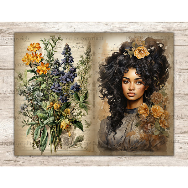 Watercolor black girl brunette apothecary in a gray victorian dress. Her hair and dress are decorated with orange flowers. Set of bright yellow and blue flowers