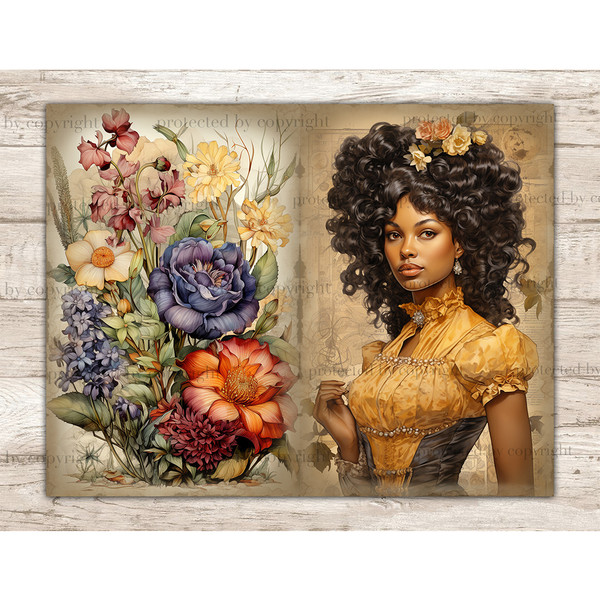 Watercolor black girl apothecary with brown hair in a yellow Victorian dress with a black corset on a background of old paper. Her hair is adorned with yellow a