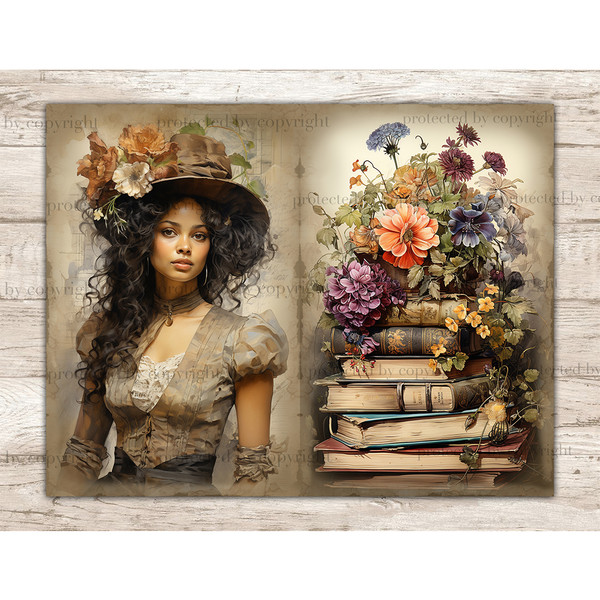 Watercolor black girl brunette apothecary in a beige Victorian dress and a hat decorated with orange and beige flowers. A set of bright orange, blue and purple