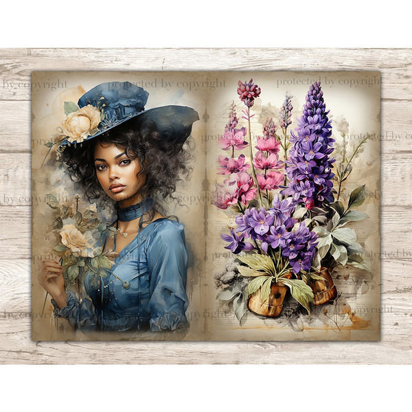 Watercolor black girl apothecary brunette in a blue Victorian dress and a blue hat decorated with a beige flower and with a blue choker around her neck. Bright