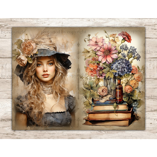Watercolor girl blonde apothecary in a gray Victorian dress and a gray hat with a beige bandage and flowers on the hat and a beige scarf around her neck. A bouq