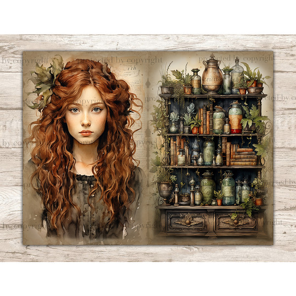 Watercolor girl apothecary with red hair in a gray Victorian dress. Old vintage pharmacy cabinet with medical books, pharmaceutical bottles with medicines and h