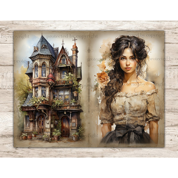 Watercolor girl apothecary brunette with a beige flower in her hair in a gray Victorian blouse and black skirt. Old vintage apothecary's house with gothic narro