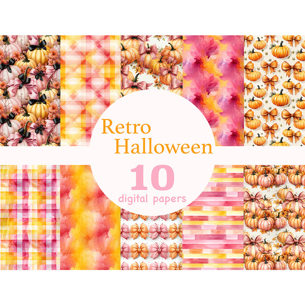 Bundle of bright watercolor retro halloween papers, pastel pink and orange seamless patterns, pumpkins with bows patterns, checkered watercolor printable papers