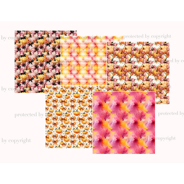 Bundle of bright watercolor retro halloween papers, pastel pink and orange seamless patterns, pumpkins with bows patterns, rhombus watercolor printable papers,