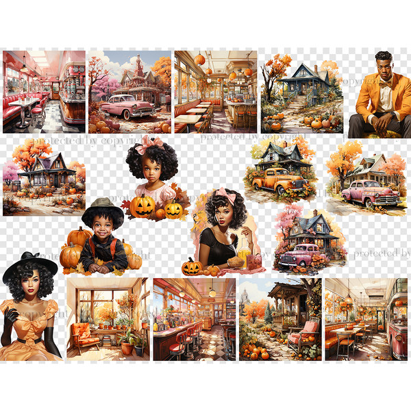 Bright watercolor retro halloween clipart with trendy pinup black men, women with pumpkins in trendy vintage clothes from the forties and fifties of the twentie