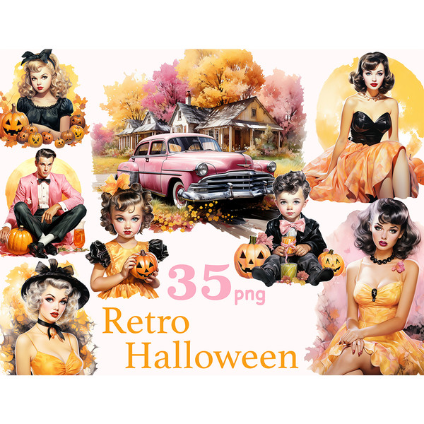 Bright watercolor retro halloween clipart with trendy pin-up white men, women and children in trendy vintage clothes of the forties and fifties of the twentieth