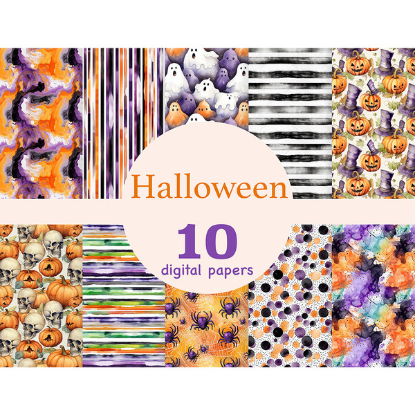 Bundle of bright watercolor halloween papers, purple orange seamless patterns, ghost patterns, jack o lantern pumpkins digital papers, pumpkins and skulls print