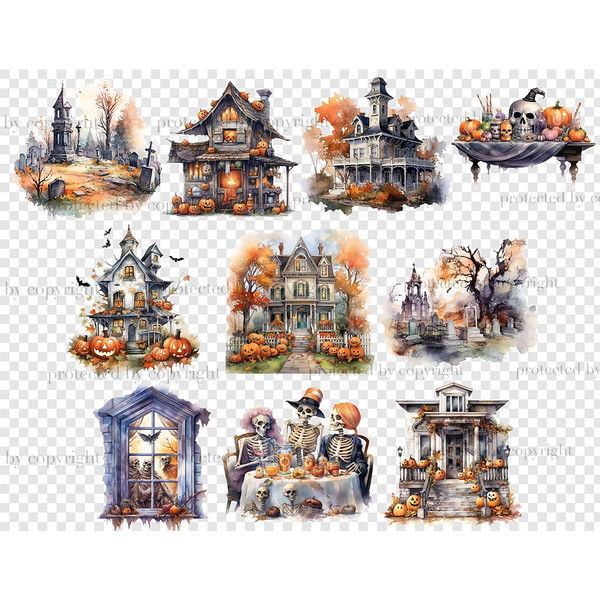Watercolor scenes with houses decorated for Halloween with pumpkins carved with the faces of Jack O'Lantern. Gothic window with pumpkins. Crypt with pumpkins. T