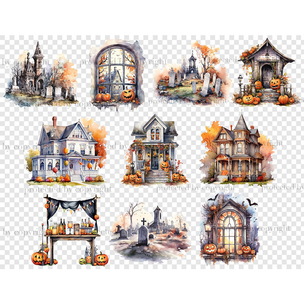 Watercolor scenes with houses decorated for Halloween with pumpkins with carved faces of Jack O'Lantern. Cemetery with graves and crypt. Halloween table with dr