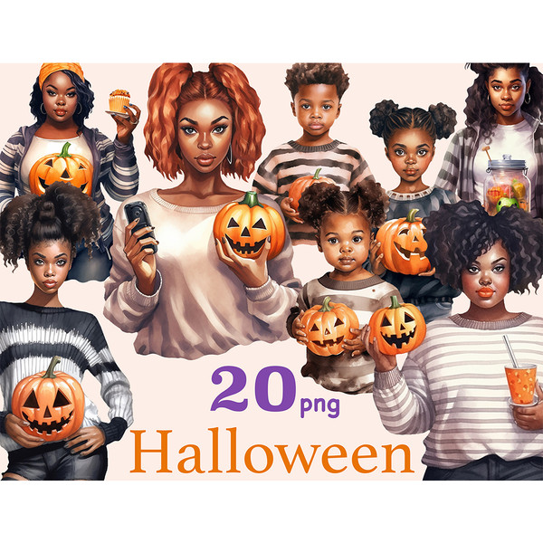 Watercolor clipart of black people halloween. Girls and children with scary pumpkins with carved Jack-o-lantern faces in their hands. All characters have differ