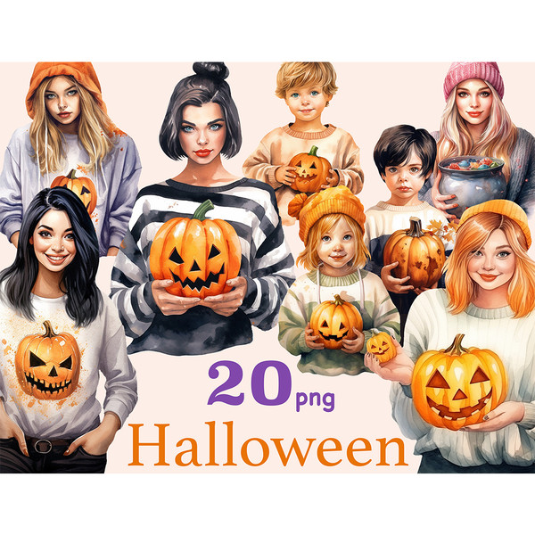 Watercolor clipart people halloween. Girls and children with scary pumpkins with carved Jack-o-lantern faces in their hands. All characters have different shade