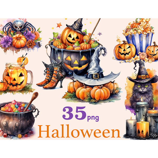 Halloween watercolor clipart. Spider on a pumpkin with flowers, a potion vat full of pumpkins with a pumpkin in a hat. Dark blue witch hat on pumpkins. White an