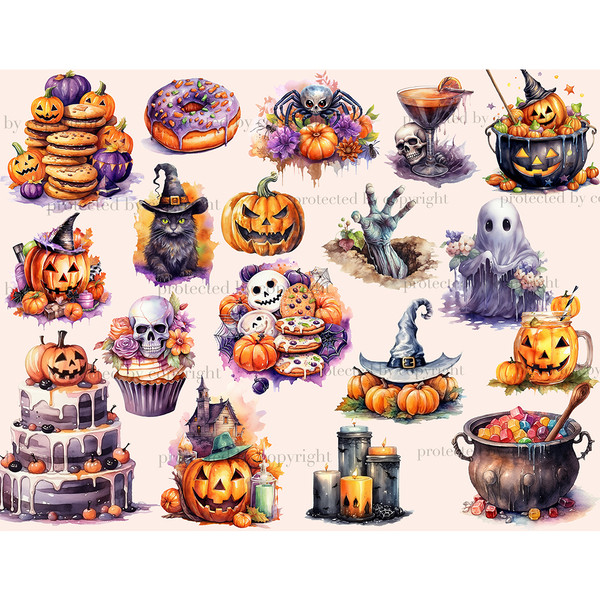 Halloween watercolor clipart. Oatmeal cookies with chocolate filling with orange and purple pumpkins. Orange-purple donut with sprinkles. Black cat in a hat wit