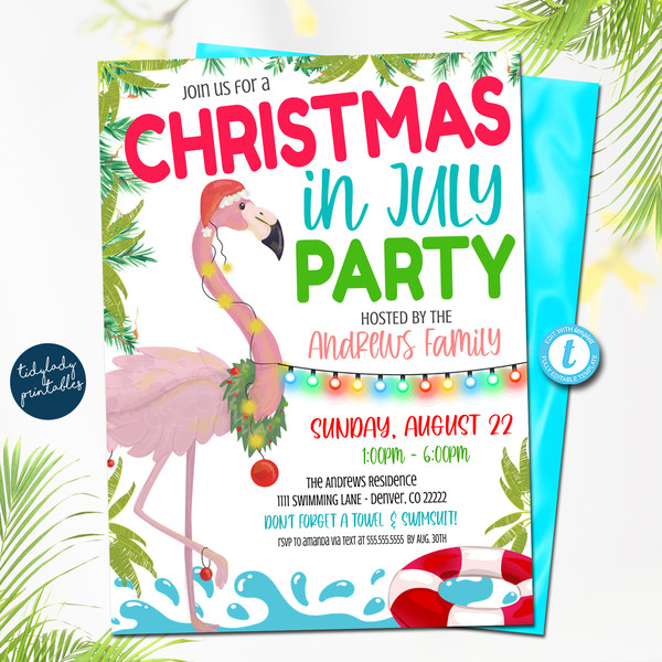 Editable Christmas In July Party Invitation, Summer Xmas Flamingo Holiday Invite, Tropical Christmas, Pool Party, Printable Instant Download - 1.jpg