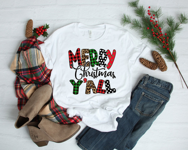 Merry Christmas Yall Leopard Shirt, Buffalo Plaid Christmas Shirt, Christmas Vacation Shirt, Christmas T-shirt, Christmas Family Shirt - 1.jpg