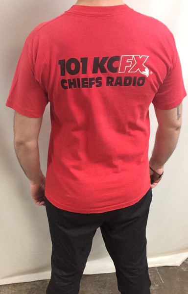 Vintage 90's (1991) Original Kansas City Chiefs Playoffs Football Bright Red Colorful 101 KCFX Radio Classic T-shirt (Made in USA) (Size L) - 3.jpg