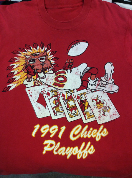 Vintage 90's (1991) Original Kansas City Chiefs Playoffs Football Bright Red Colorful 101 KCFX Radio Classic T-shirt (Made in USA) (Size L) - 4.jpg
