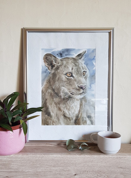 1 Watercolor artwork painting Portrait of a lioness 7.8 - 10.9 in (19.9 - 27.7 cm)..jpg