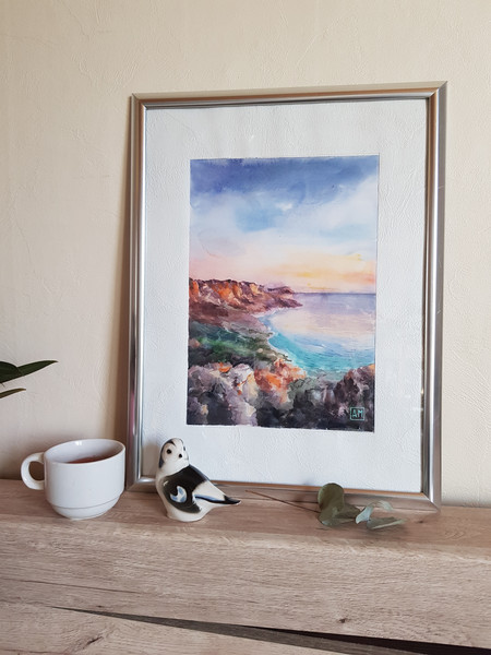1 Watercolor artwork painting Seascape with sunset 7.7 - 11 in (19.8 - 28 cm)..jpg