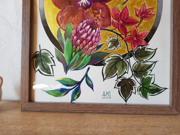 3 Watercolor artworkl painting in a frame -  flower arrangement 02.   8.2 - 11.6 in ( 21-29,7cm )..jpg