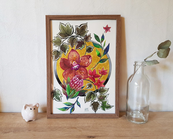 1 Watercolor artworkl painting in a frame -  flower arrangement 02.   8.2 - 11.6 in ( 21-29,7cm )..jpg