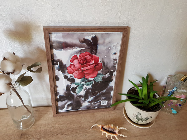 5 Watercolor workl painting in a frame - flower Red Rose  8.2 - 11.6 in ( 21-29,7cm )..jpg