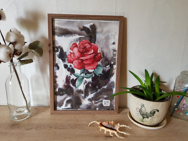 6 Watercolor workl painting in a frame - flower Red Rose  8.2 - 11.6 in ( 21-29,7cm )..jpg