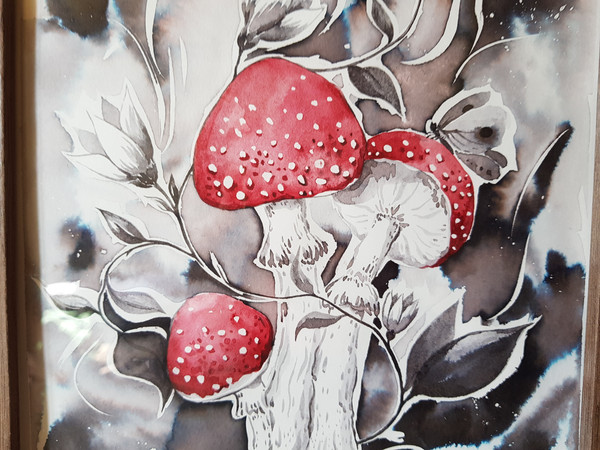 3 Watercolor workl painting in a frame -fly agaric mushroom  8.2 - 11.6 in ( 21-29,7cm )..jpg