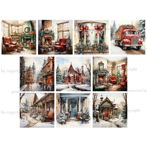 Watercolor scenes with Christmas houses, living room interiors decorated with red, green balls and Christmas tree branches. Outdoor scene with retro vintage tru