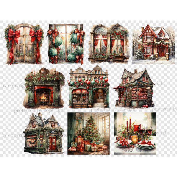Watercolor Christmas scenes with houses, Christmas windows, a fireplace, decorated with red, green Christmas balls and coniferous tree branches. Outdoor scene w