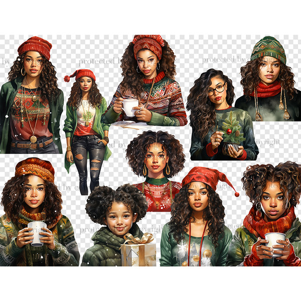 Watercolor Christmas clipart of African American women and girl in Christmas red and green sweaters and hats. Girls have different shades of hair colors - brune