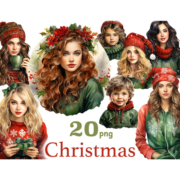 Watercolor Christmas clipart of girls and children. White-skinned girls, a girl and a boy in Christmas red and green pajamas and hats. Girls have different shad