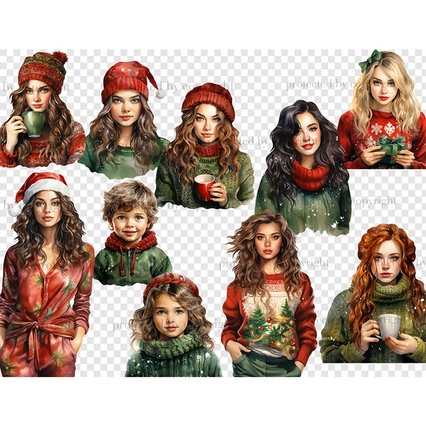 Watercolor Christmas clipart of girls and children. White-skinned girls, a girl and a boy in Christmas red-green pajamas and hats, sweaters. Girls have differen