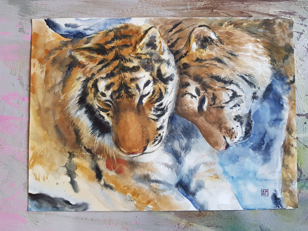 1 Watercolor artwork painting Family of tigers 21.2- 15.3 in (54 - 39 cm)..jpg