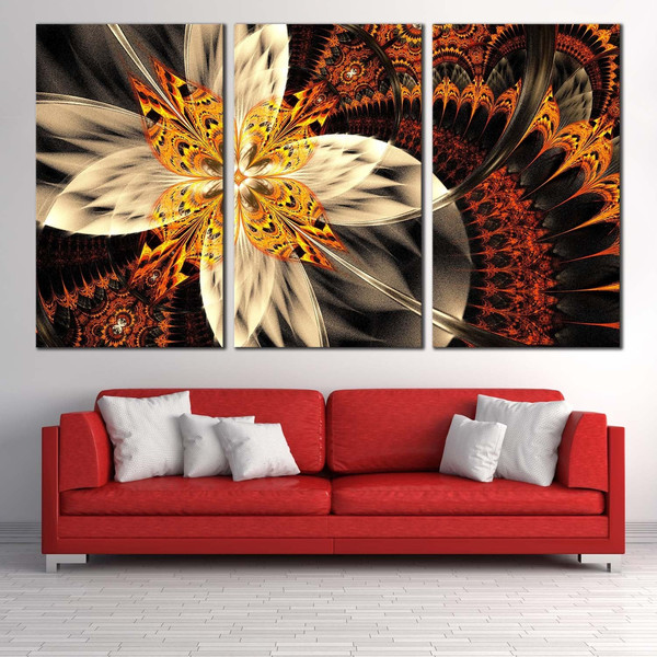 Abstract Floral Canvas Wall Art, Yellow Elegant Abstract Canvas Print, Orange Abstract Fractal Flower 3 Piece Canvas