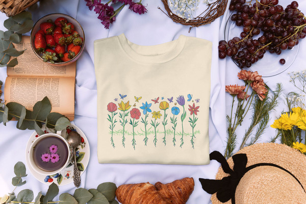 Womens Flower Shirt, Floral Graphic Tee, Wild Flower Shirt with Butterflies, Floral Shirt - 1.jpg