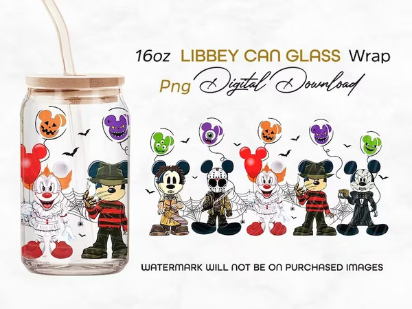 Mickey Horror png, Mickey Horror 16oz Libbey can Glass, Horror characters full glass can wrap, funny horror tumbler wrap, horror sublimation.jpg