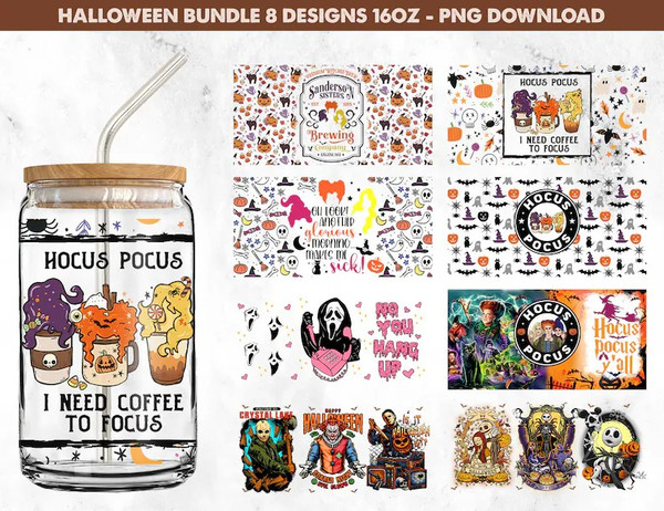 Bundle Halloween Can Glass Wrap, 16oz Can Glass, Trick or Treat, Boo Bash, Libbey Can Glass Wrap, Hocus Pocus Can Glass, Horror Movie Png.jpg