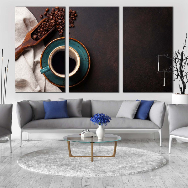Coffee Cup Canvas Wall Art, Black Coffee Mug From Above Canvas Print, Brown Coffee Beans Canvas Photography 3 Piece Canvas Set
