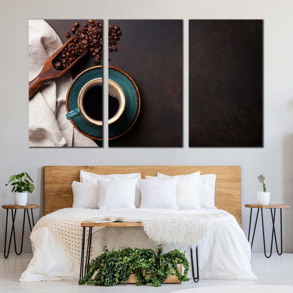 Coffee Cup Canvas Wall Art, Black Coffee Mug From Above Canvas Print, Brown Coffee Beans Canvas Photography 3 Piece Canvas Set