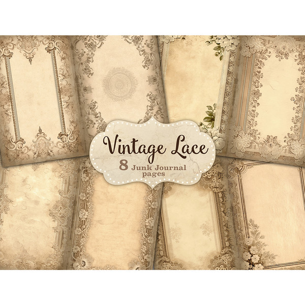 Junk Journal Pages Watercolor Vintage Lace Frames. Aged digital papers. Floral distressed scrapbook kit. Vintage Lace Pages Junk Journal Kit. Ephemera frame pag