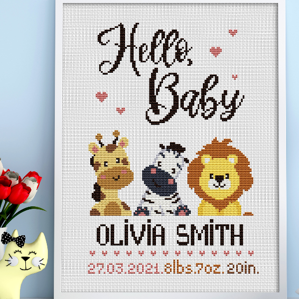 Birth announcement cross stitch, Baby announcement cross stitch, Animals cross stitch, Funny giraffe, lion and zebra, Digital PDF.jpg