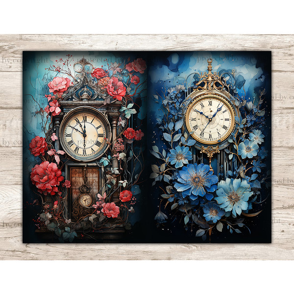 Watercolor Antique Vintage Clock and Flowers Junk Journal Pages. On the left is a clock with Roman numerals on the dial and red flowers. On the right, a golden