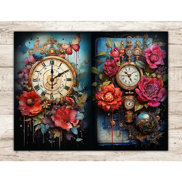Watercolor old vintage gold clock and flowers. On the left is a watch with Roman numerals on the dial and red flowers and a red-beige butterfly. On the right is