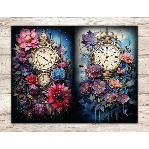 Watercolor old vintage gold clock and flowers. On the left is a clock with Roman numerals on the dial and red, blue, purple flowers. On the right is a golden an